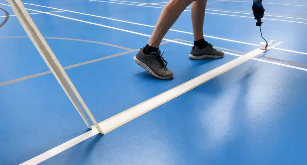 Udførere arbejder med præcis opmåling og baneopstregning på et nyt blåt sportsgulv